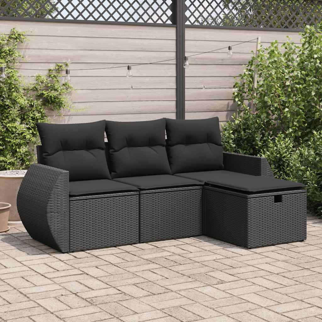 vidaXL 4-delige Loungeset met kussens poly rattan zwart