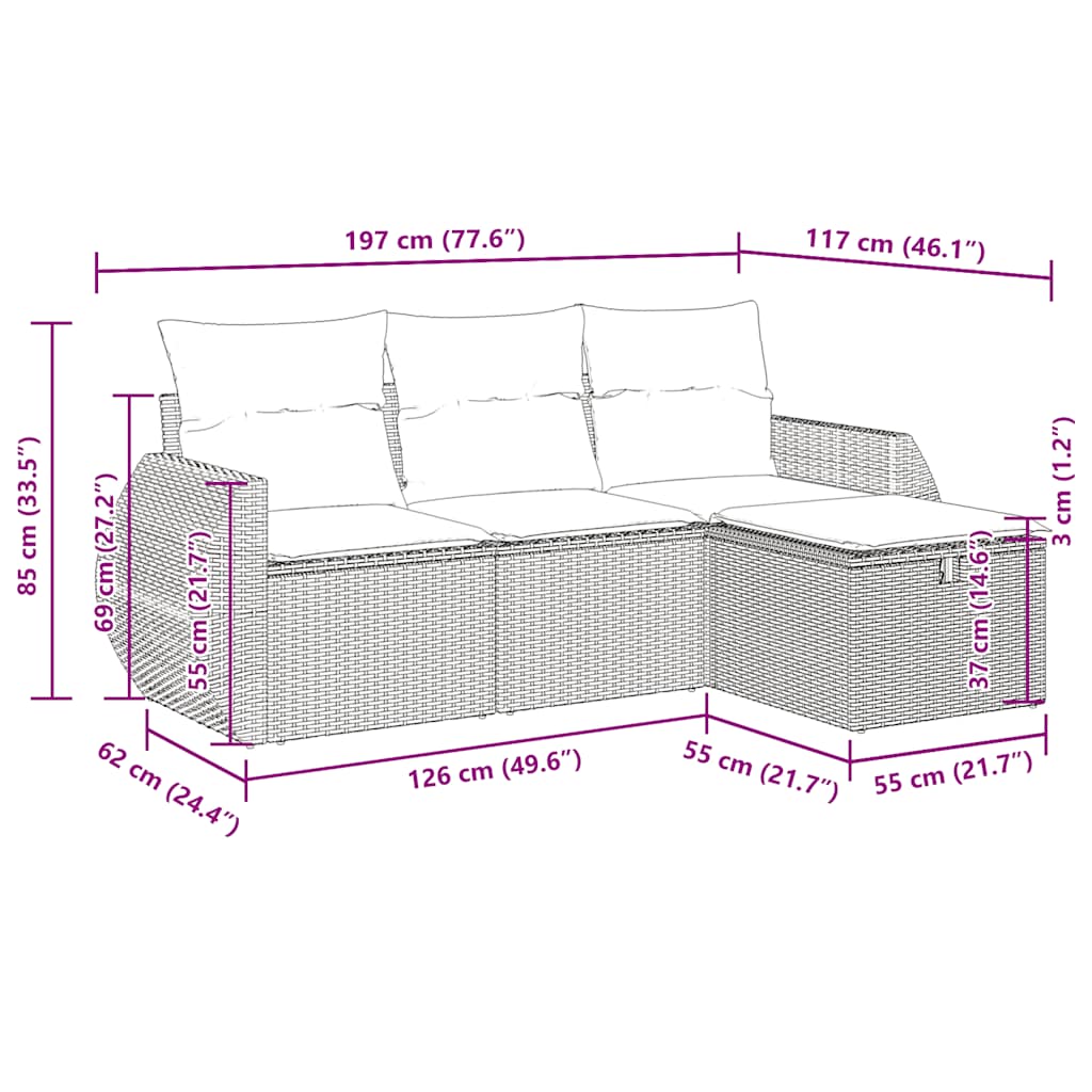 vidaXL 4-delige Loungeset met kussens poly rattan zwart