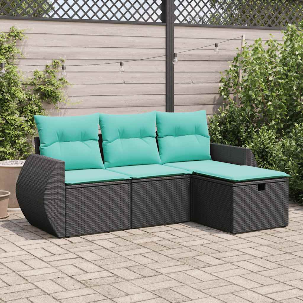 vidaXL 4-delige Loungeset met kussens poly rattan zwart