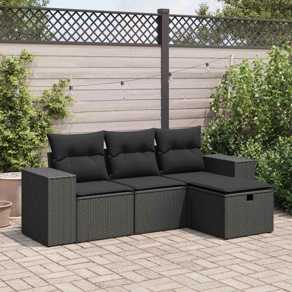 vidaXL 4-delige Loungeset met kussens poly rattan zwart