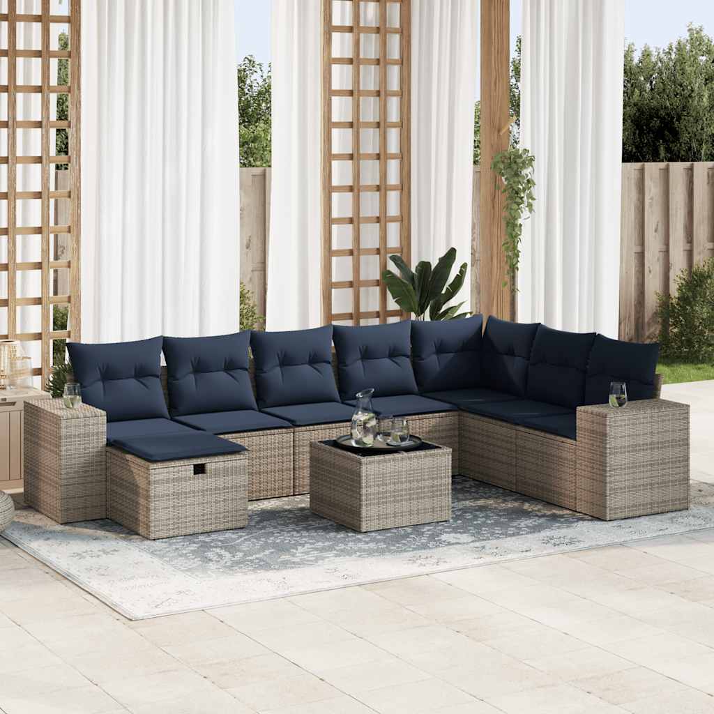 vidaXL 8-delige Loungeset met kussens poly rattan grijs