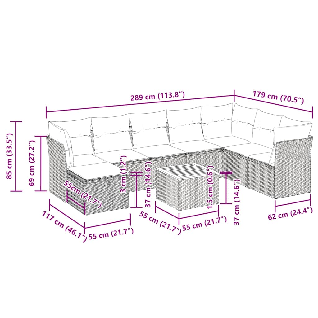 vidaXL 9-piece Lounge Set with Cushions Poly Rattan Grey