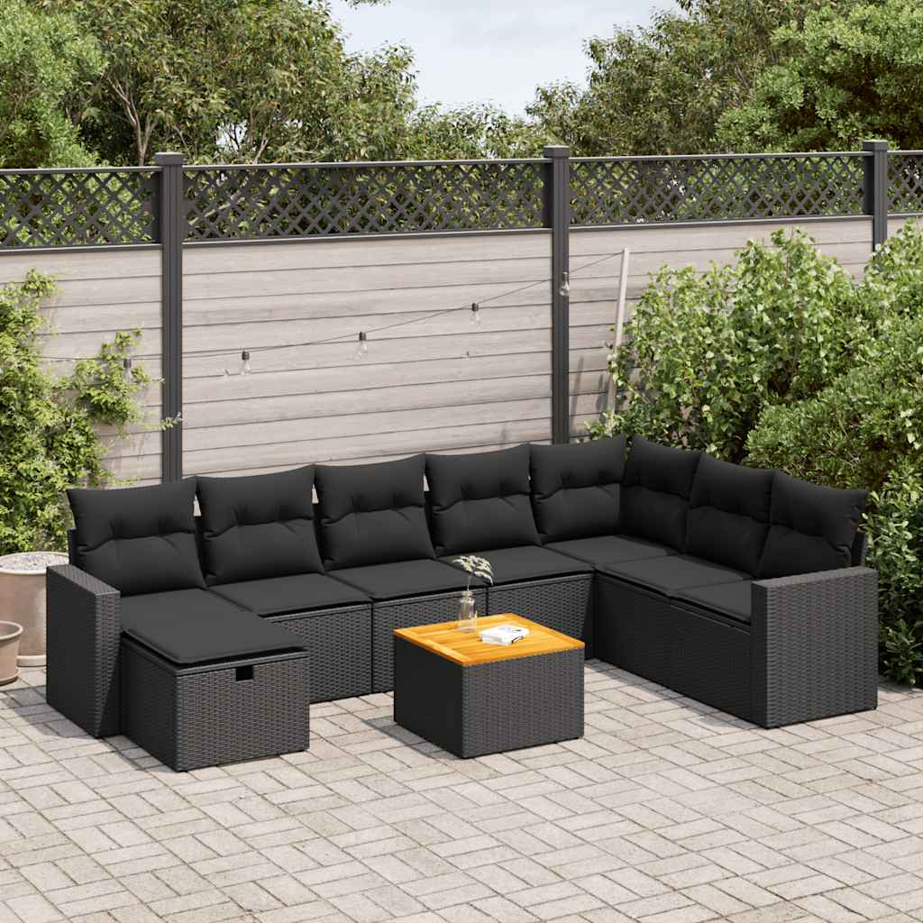 vidaXL 9-piece Poly Rattan Lounge Set with Cushions Black