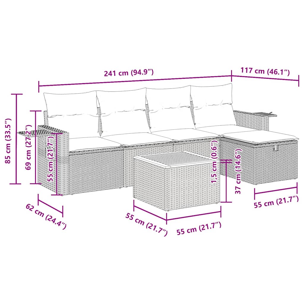 vidaXL 6-delige Loungeset met kussens poly rattan zwart