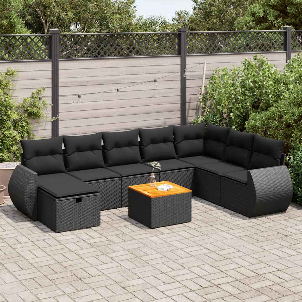 vidaXL 9-piece Poly Rattan Lounge Set with Cushions Black