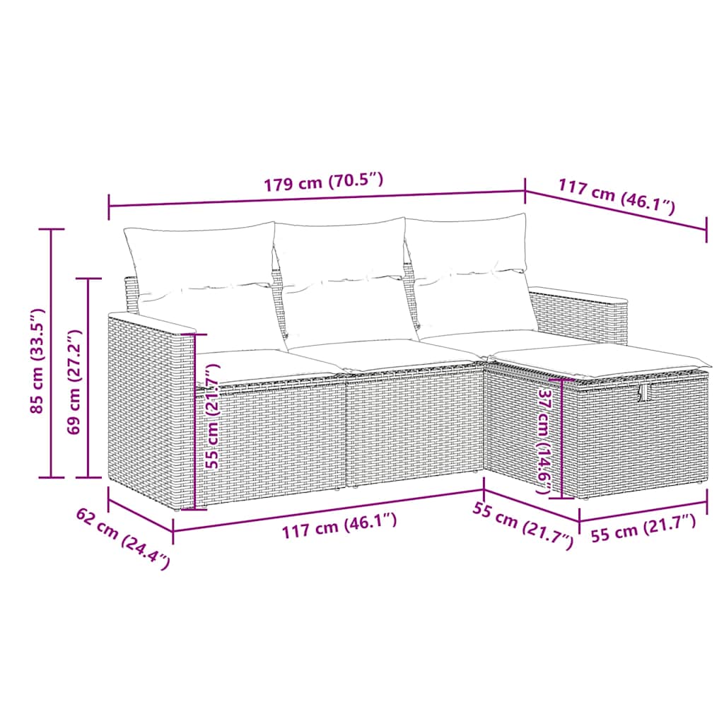vidaXL 4-delige Loungeset met kussens poly rattan zwart
