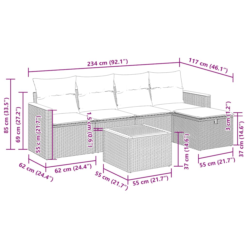 vidaXL 5-delige Loungeset met kussens poly rattan zwart