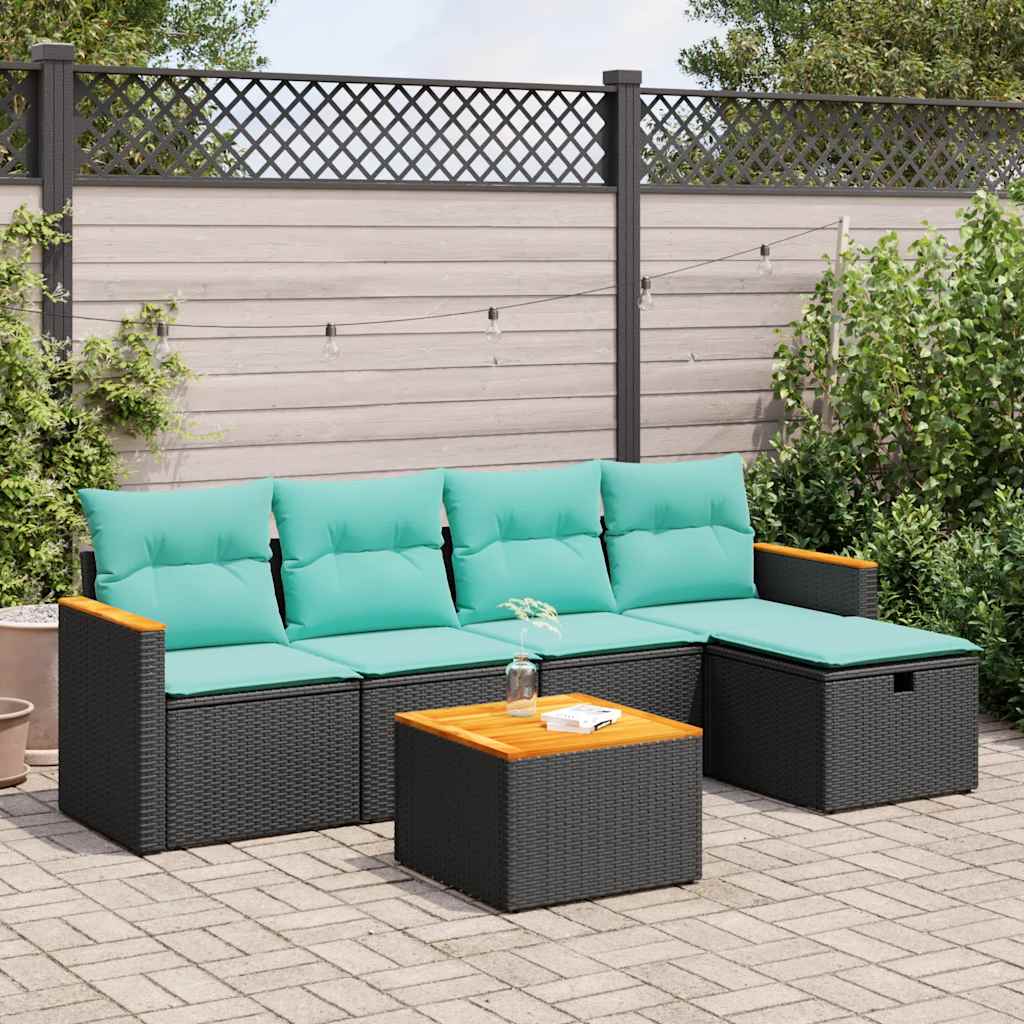vidaXL 5-delige Loungeset met kussens poly rattan zwart