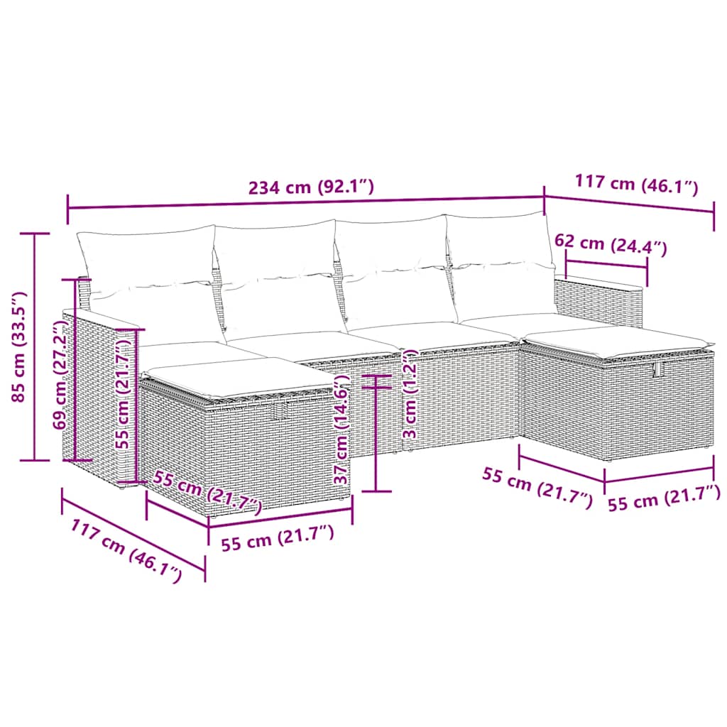 vidaXL 6-Piece Lounge Set with Cushions Poly Rattan Black