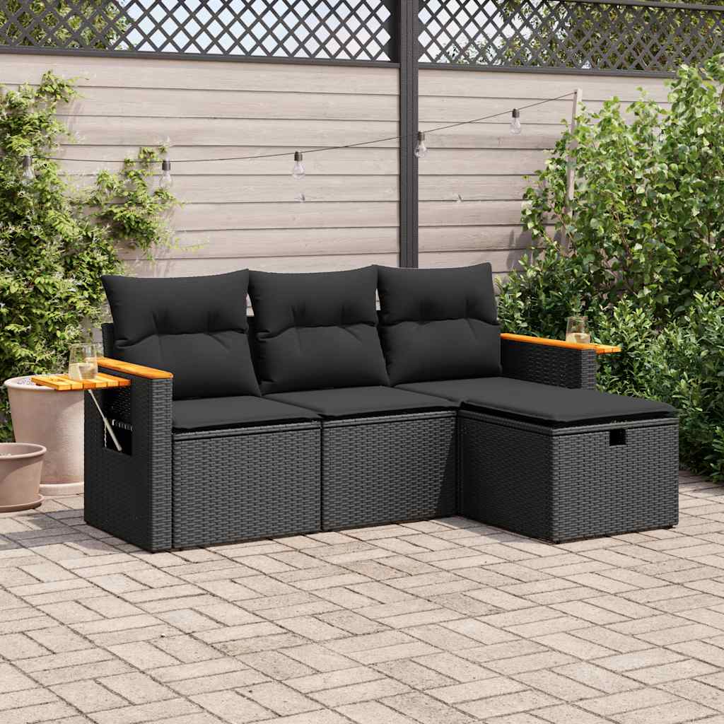 vidaXL 4-delige Loungeset met kussens poly rattan zwart