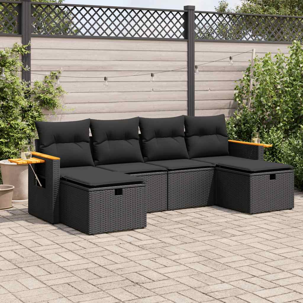 vidaXL 6-delige Loungeset met kussens poly rattan zwart