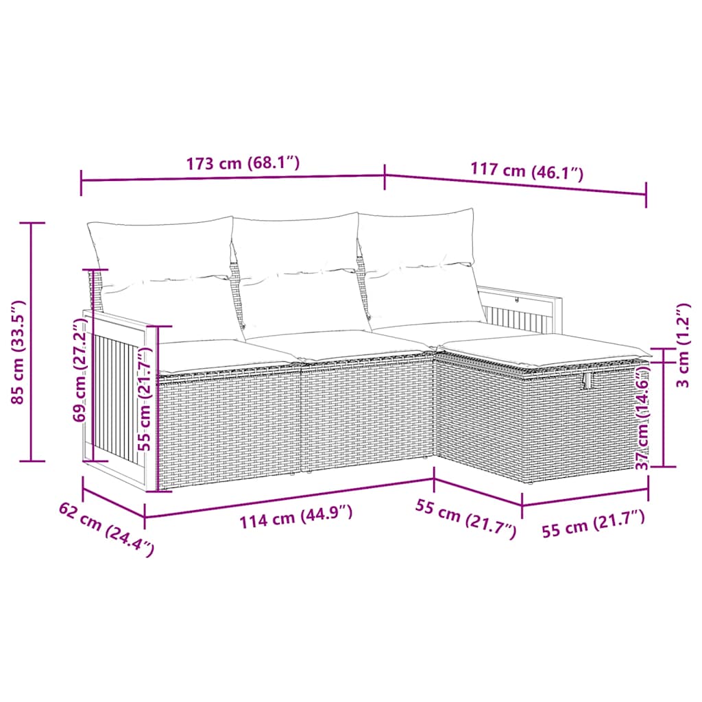 vidaXL 4-delige Loungeset met kussens poly rattan zwart