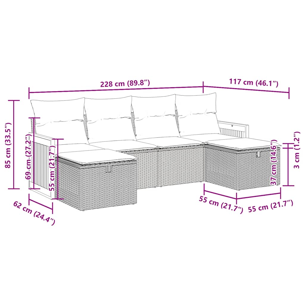 vidaXL 6-Piece Lounge Set with Cushions Poly Rattan Black
