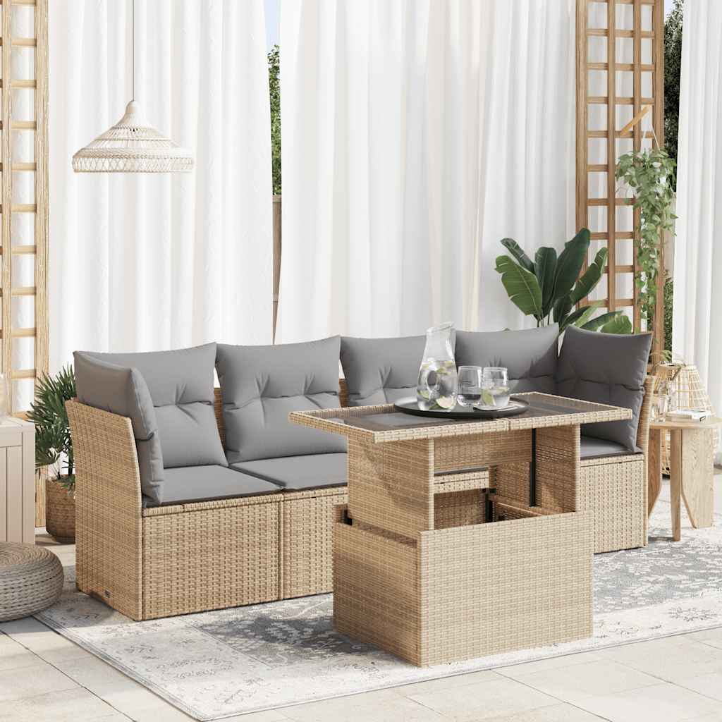vidaXL 5-delige Loungeset met kussens poly rattan zwart