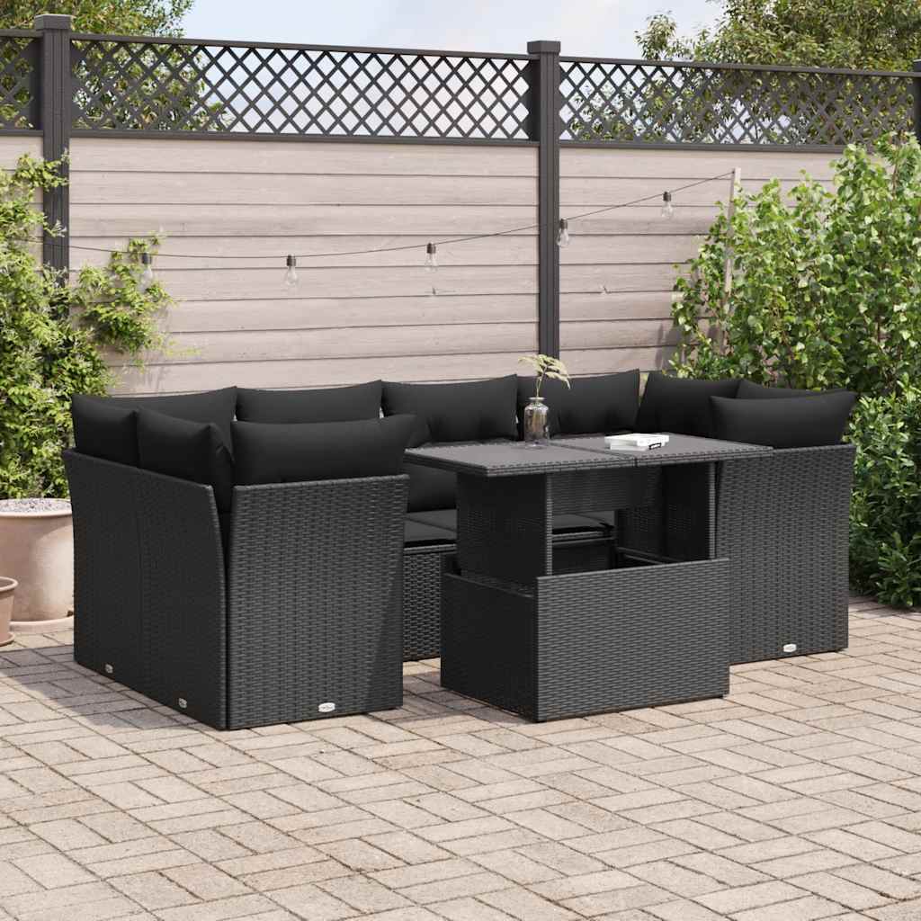 vidaXL 7-Piece Lounge Set with Cushions Poly Rattan Black