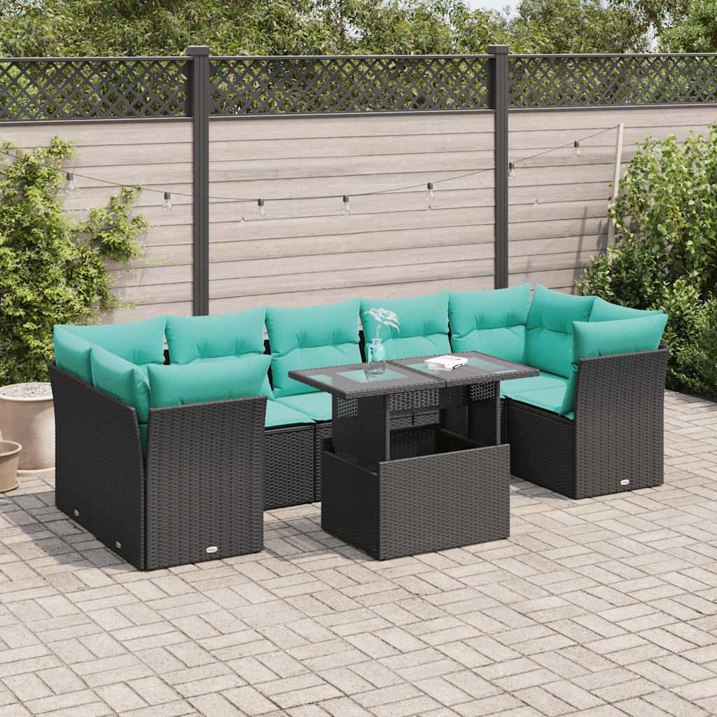 vidaXL 8-Piece Garden Lounge Set with Cushions, Black Poly Rattan