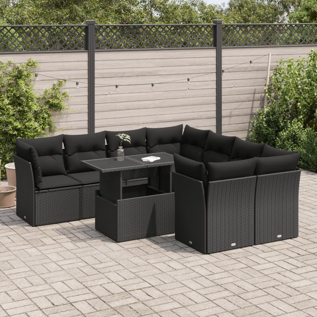 vidaXL 9-delige Loungeset met kussens poly rattan zwart