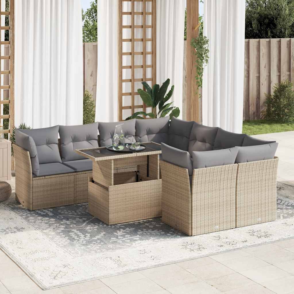 vidaXL 9-delige Loungeset met kussens poly rattan zwart