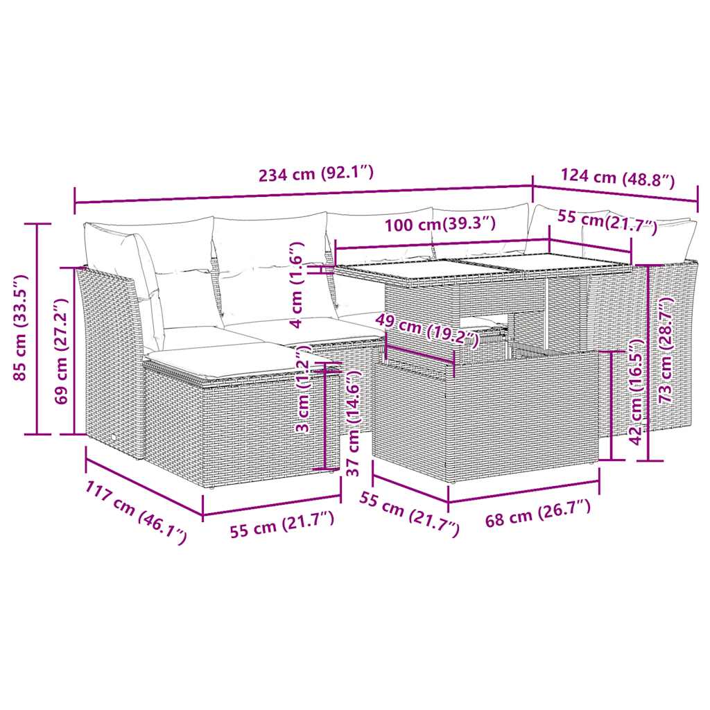 vidaXL 7-delige Loungeset met kussens poly rattan zwart