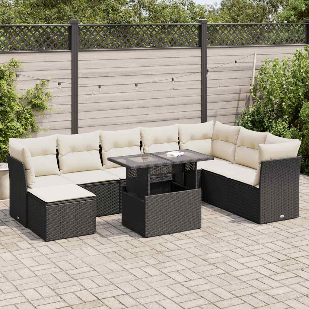 vidaXL 9-delige Loungeset met kussens poly rattan zwart