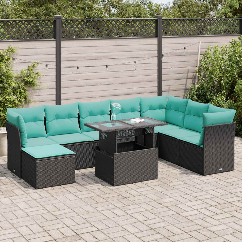 vidaXL 9-delige tuinbankset met kussens van zwart polyrotan