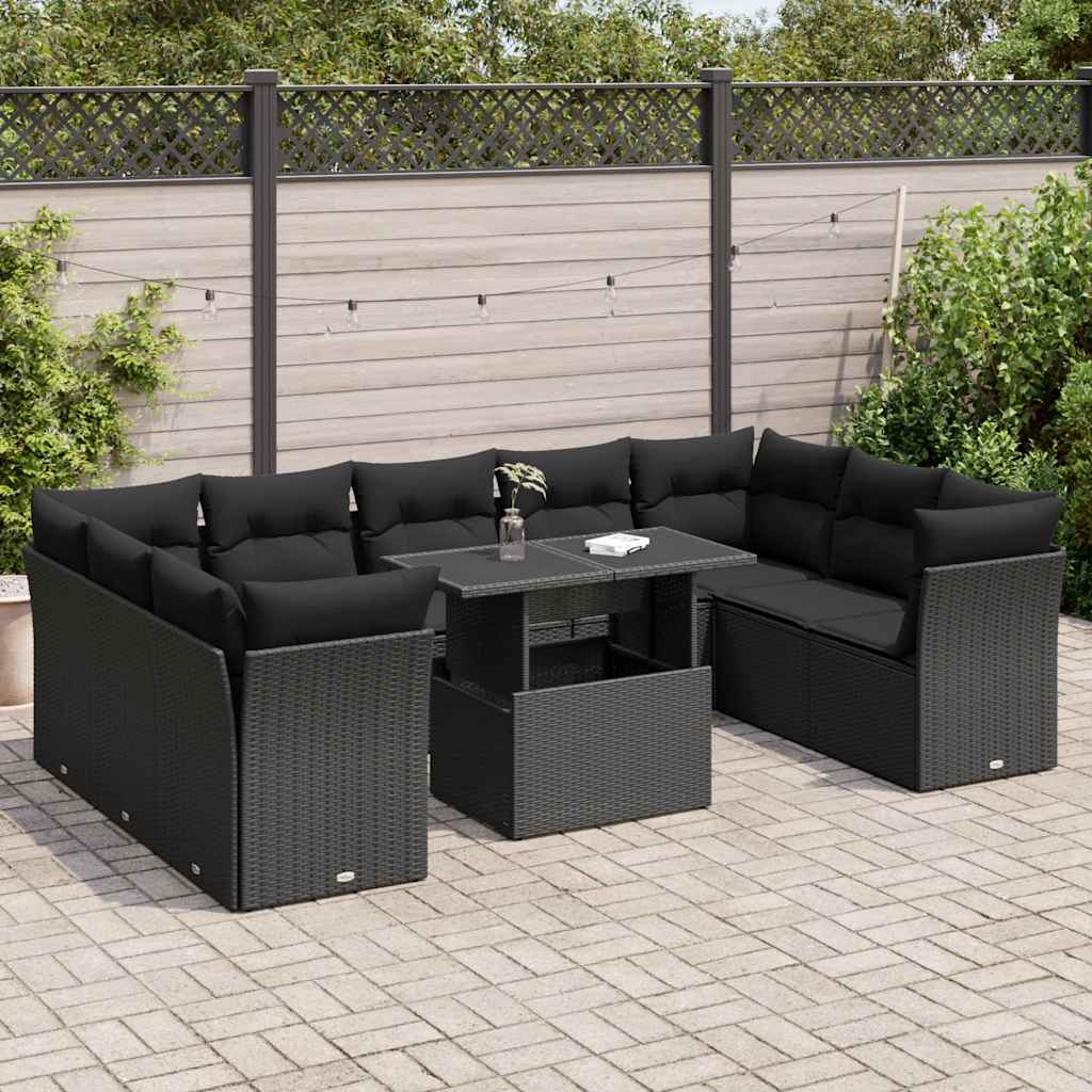 vidaXL 10-delige Loungeset met kussens poly rattan zwart