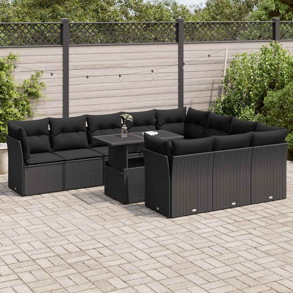 vidaXL 11-Piece Lounge Set with Cushions Poly Rattan Black