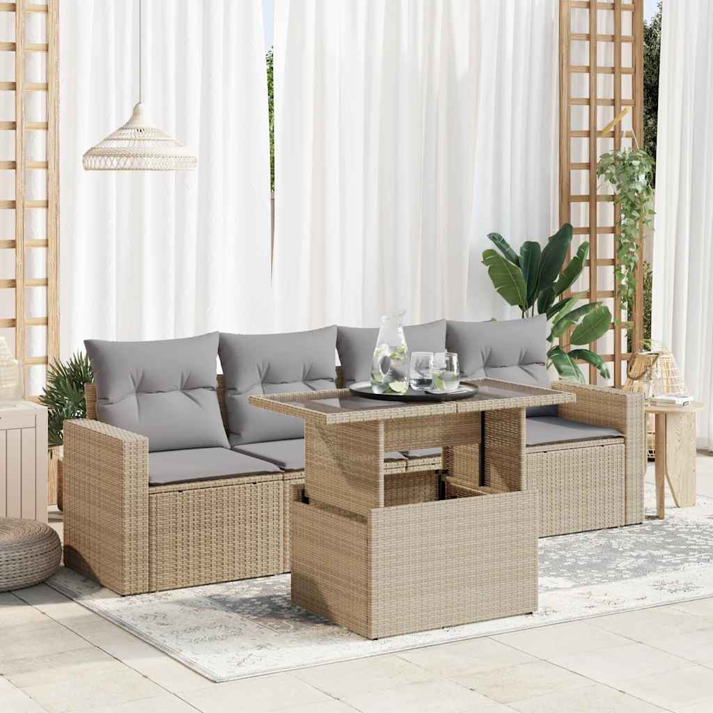 vidaXL 5-delige Loungeset met kussens poly rattan zwart