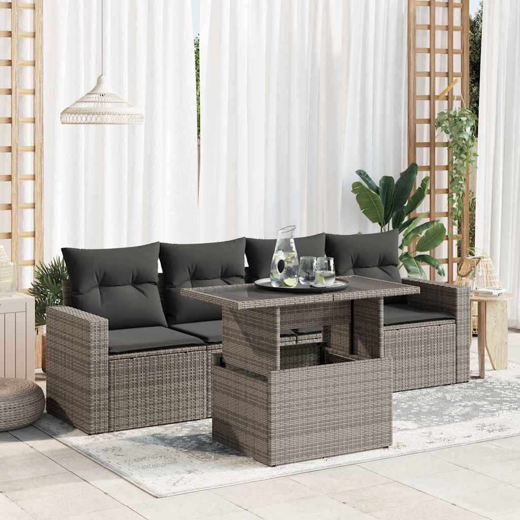 vidaXL 5-delige Loungeset met kussens poly rattan zwart