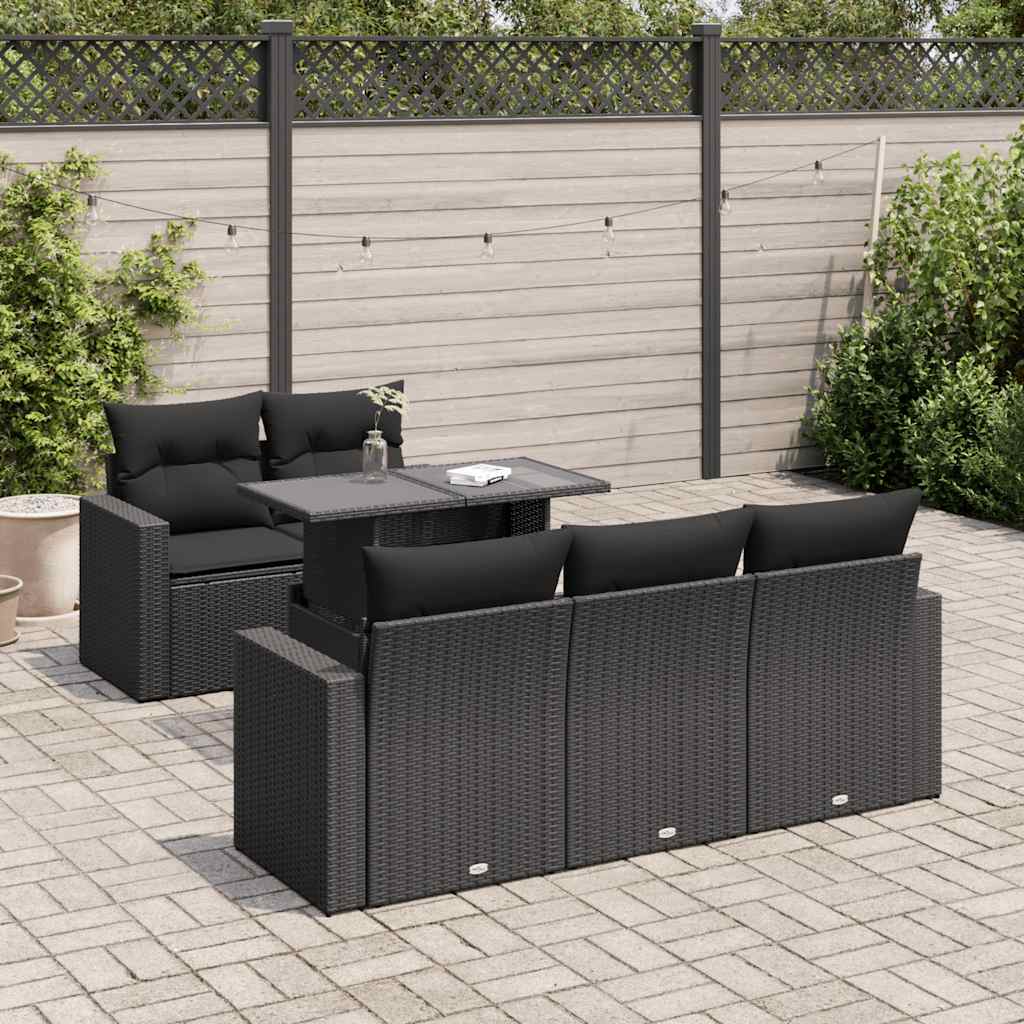 vidaXL 6-delige Loungeset met kussens poly rattan zwart