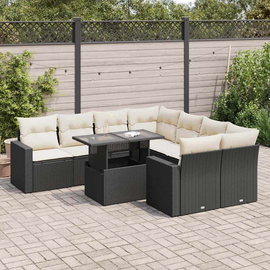 vidaXL 9-delige Loungeset met kussens poly rattan zwart