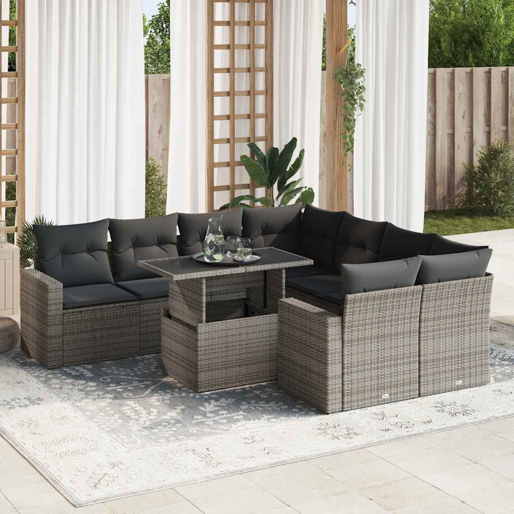 vidaXL 9-delige Loungeset met kussens poly rattan zwart