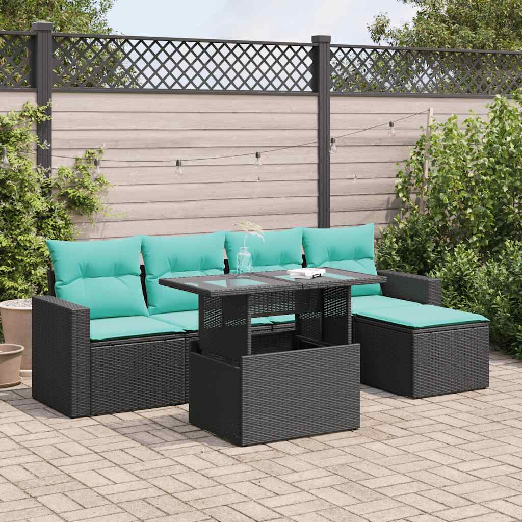 vidaXL 6-Piece Garden Sofa Set with Cushions Black Poly Rattan