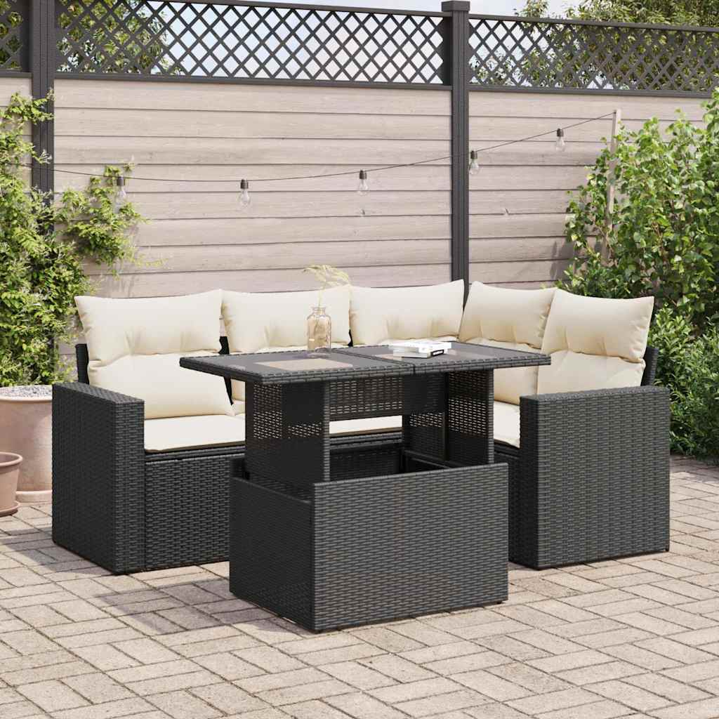 vidaXL 5-delige Loungeset met kussens poly rattan zwart