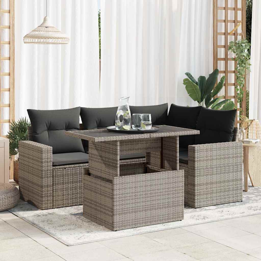 vidaXL 5-delige Loungeset met kussens poly rattan zwart
