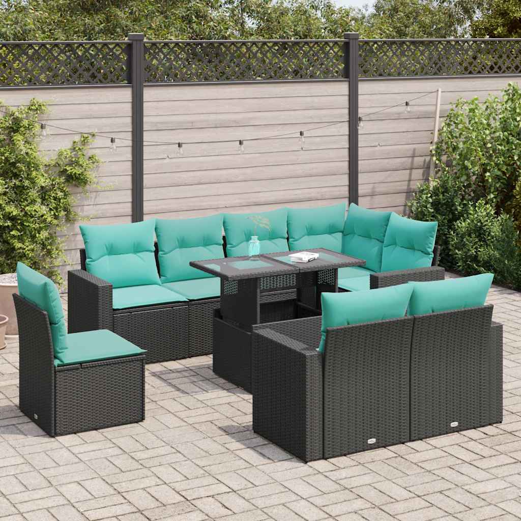 vidaXL 9-delige tuinbankset met kussens van zwart polyrotan