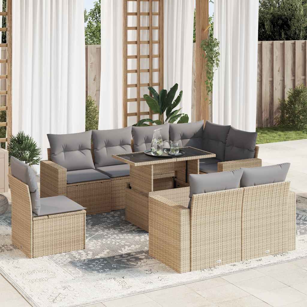 vidaXL 9-delige Loungeset met kussens poly rattan zwart
