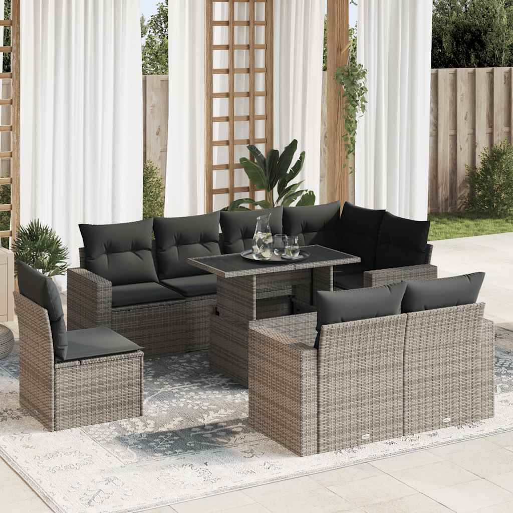 vidaXL 9-delige Loungeset met kussens poly rattan zwart