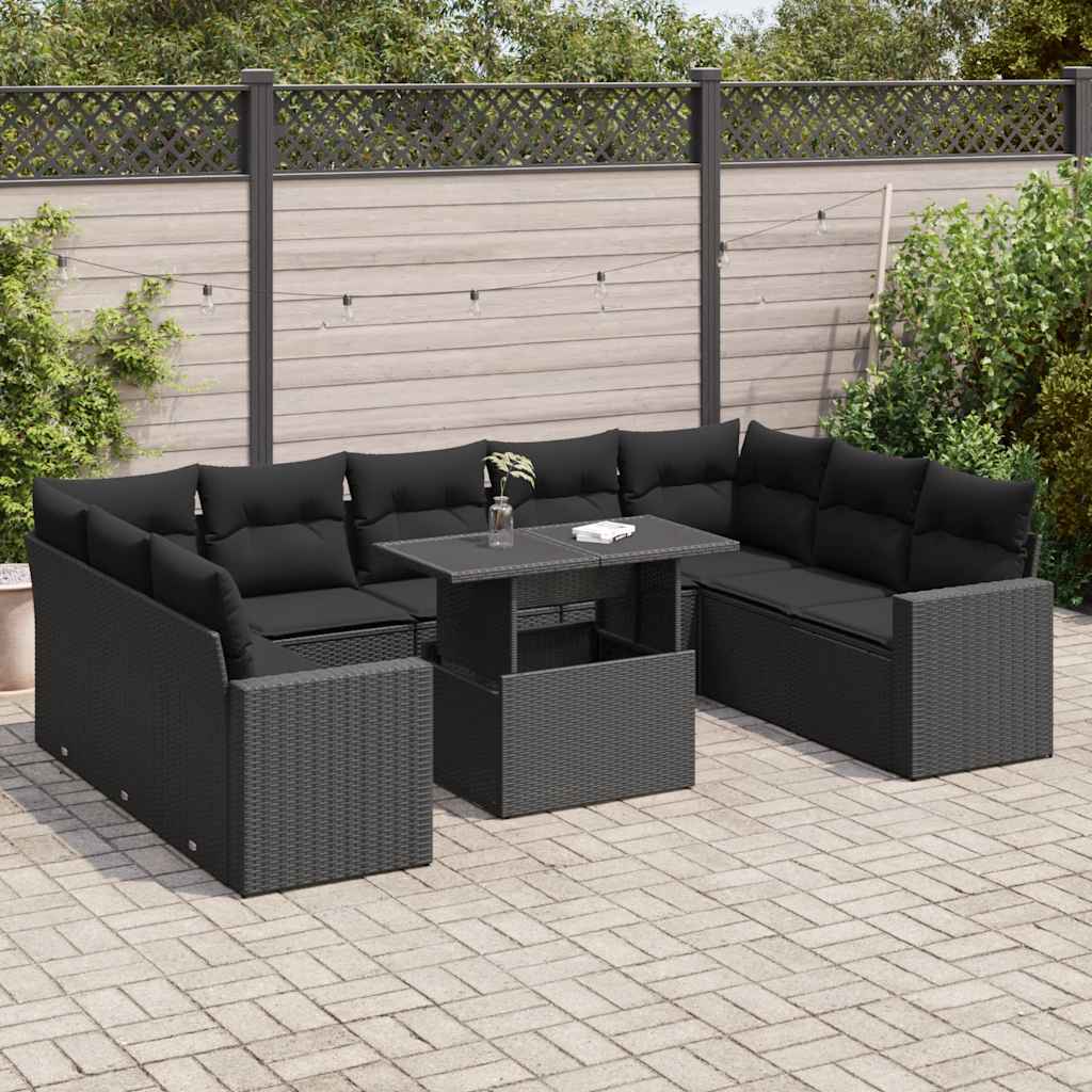 vidaXL 10-Piece Lounge Set with Cushions Poly Rattan Black