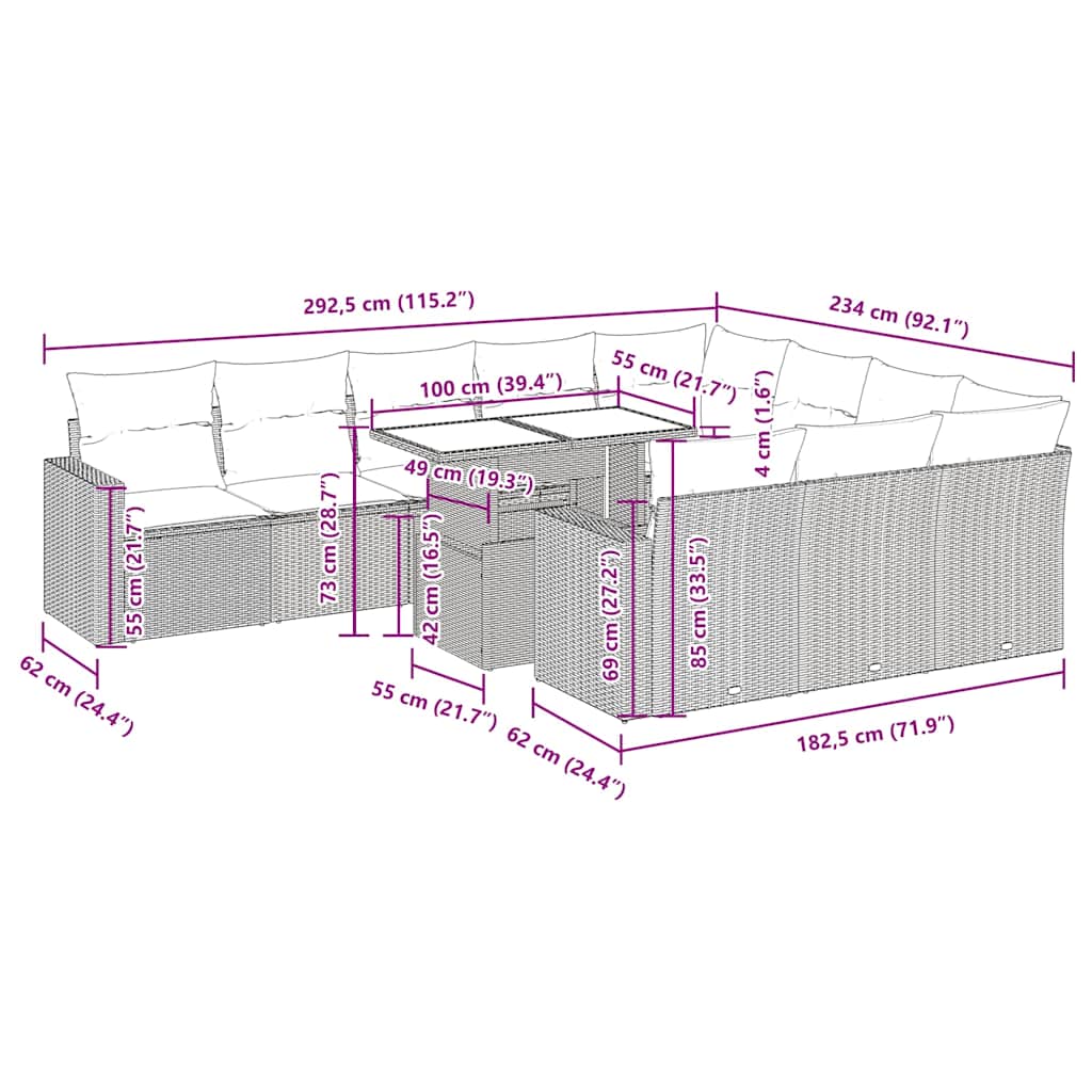 vidaXL 11-delige Loungeset met kussens poly rattan zwart