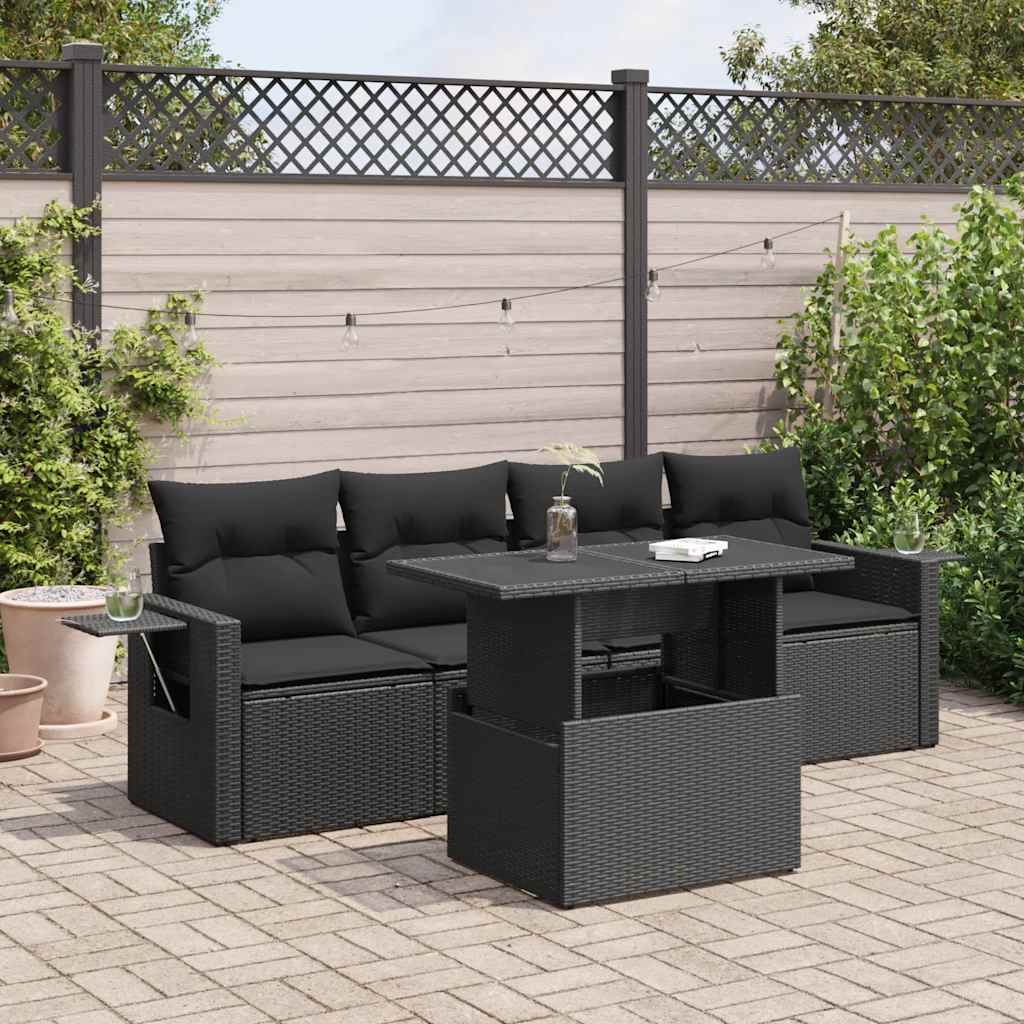 vidaXL 5-piece Lounge Set with Cushions Poly Rattan Black