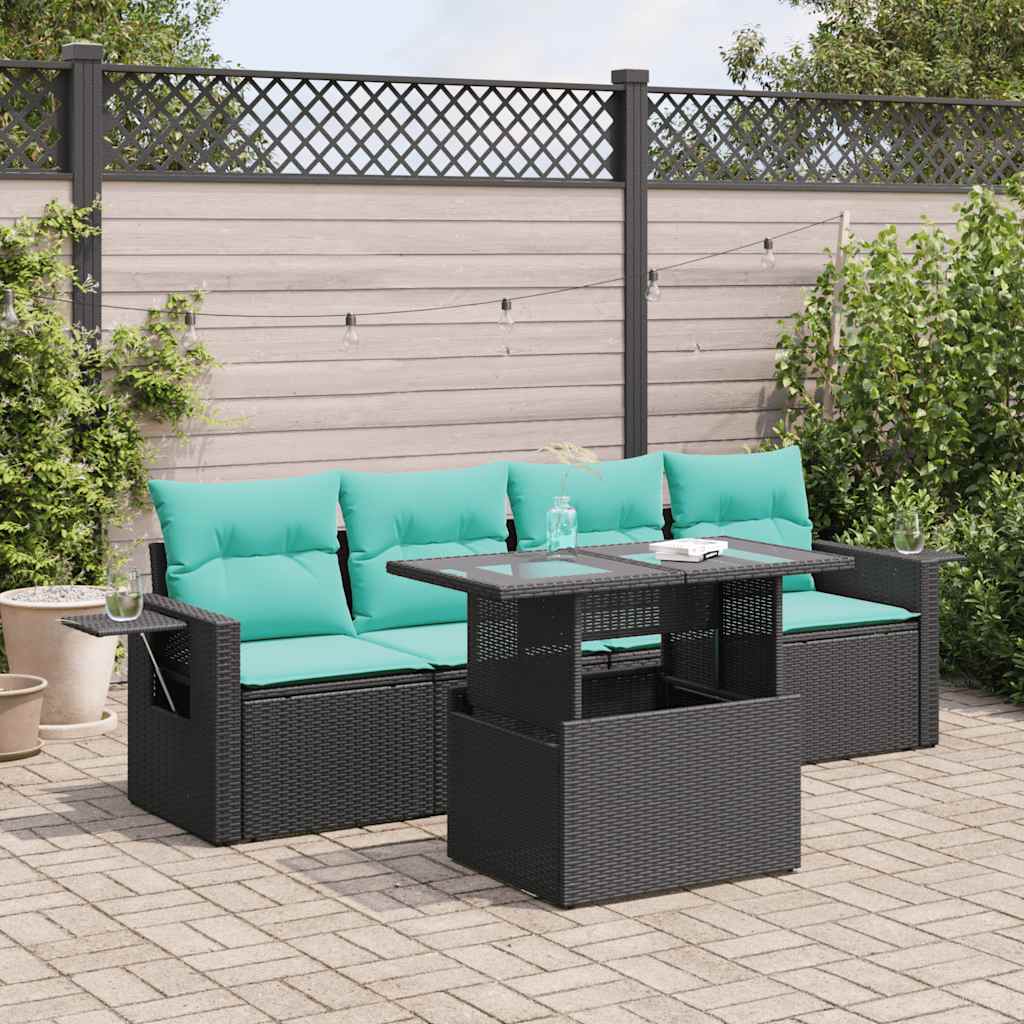 vidaXL 5-piece Garden Sofa Set with Cushions Black Poly Rattan