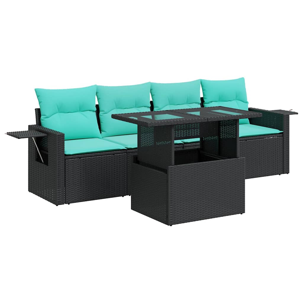 vidaXL 5-piece Garden Sofa Set with Cushions Black Poly Rattan