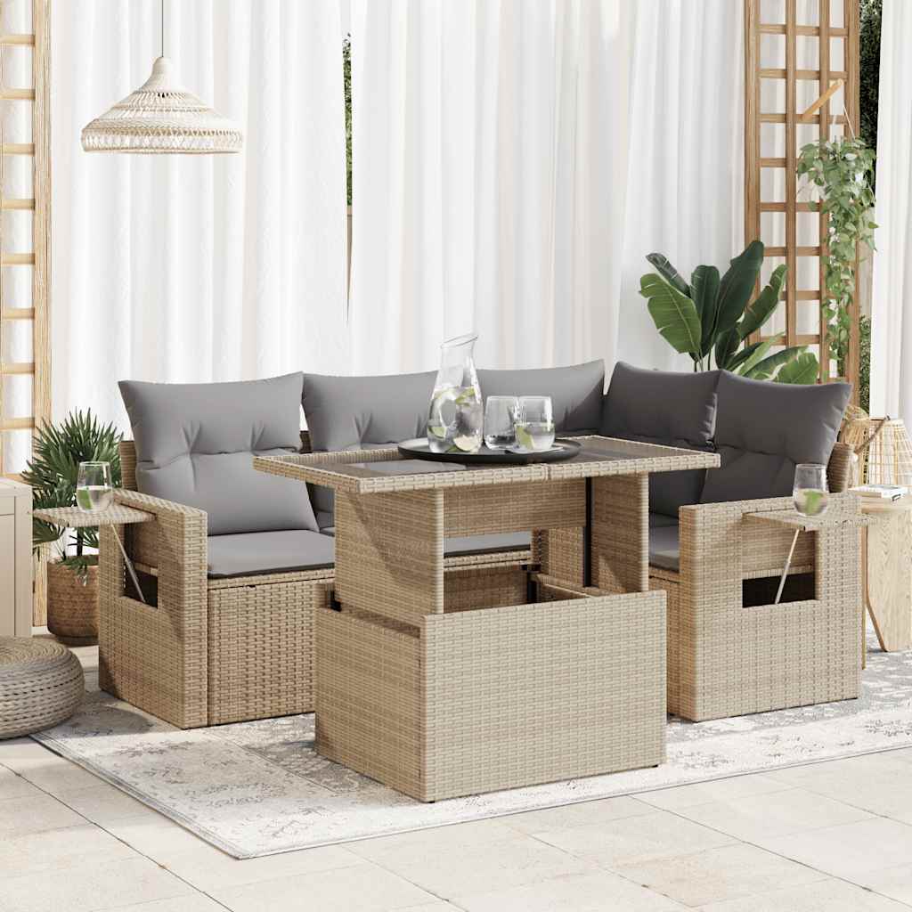 vidaXL 5-delige Loungeset met kussens poly rattan zwart