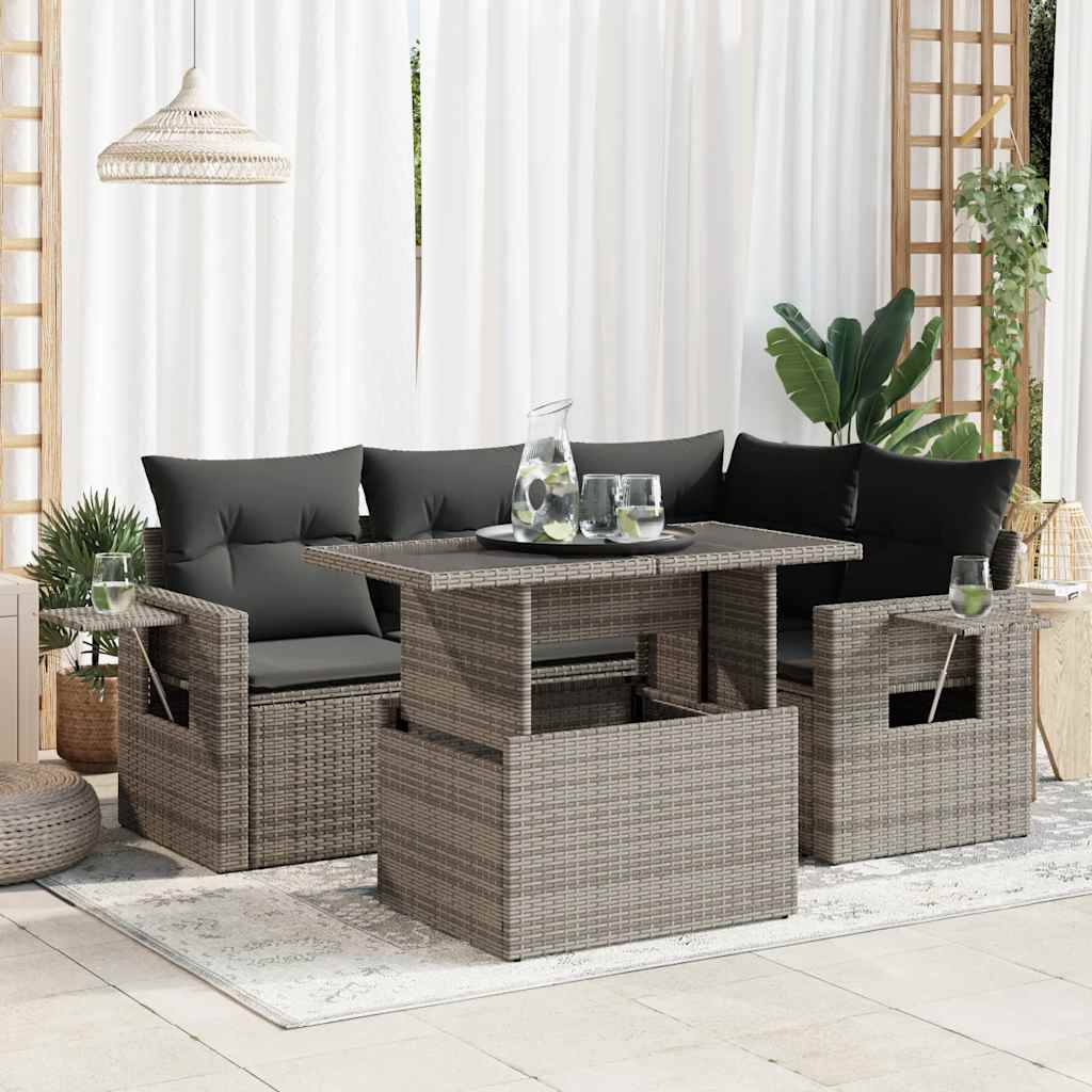 vidaXL 5-delige Loungeset met kussens poly rattan zwart