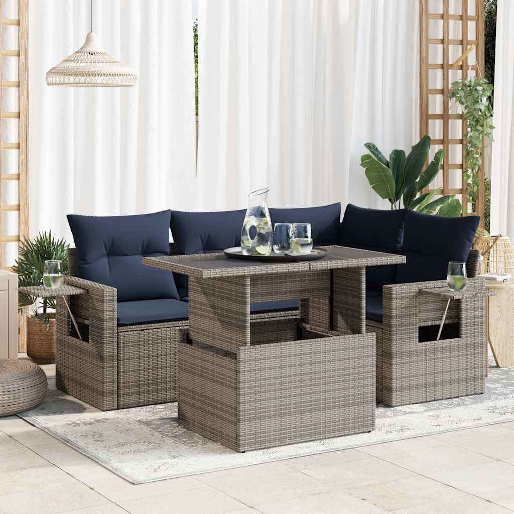 vidaXL 5-piece Garden Sofa Set with Cushions Black Poly Rattan