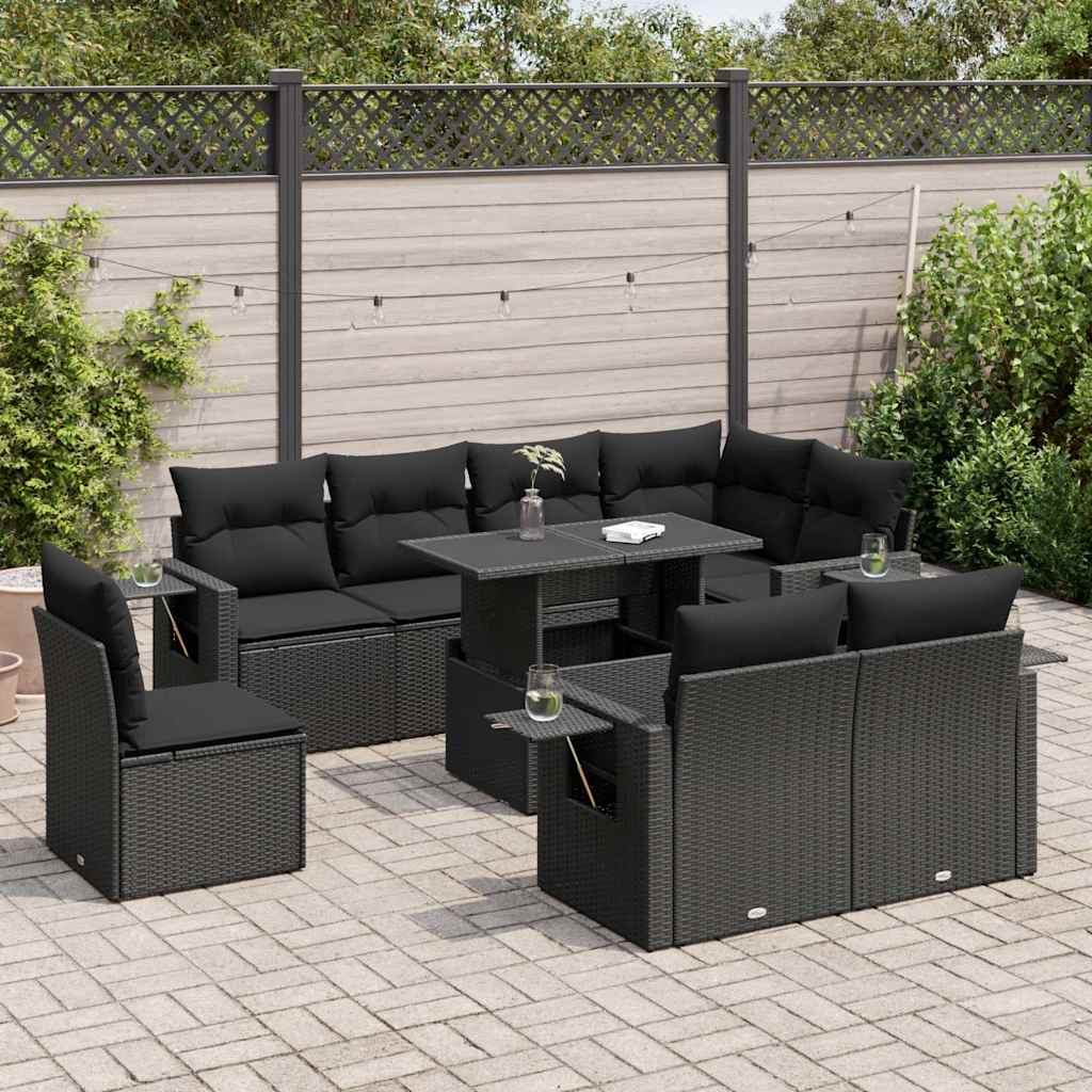 vidaXL 9-delige Loungeset met kussens poly rattan zwart