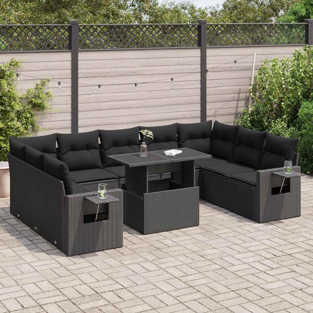 vidaXL 10-Piece Lounge Set with Cushions Poly Rattan Black