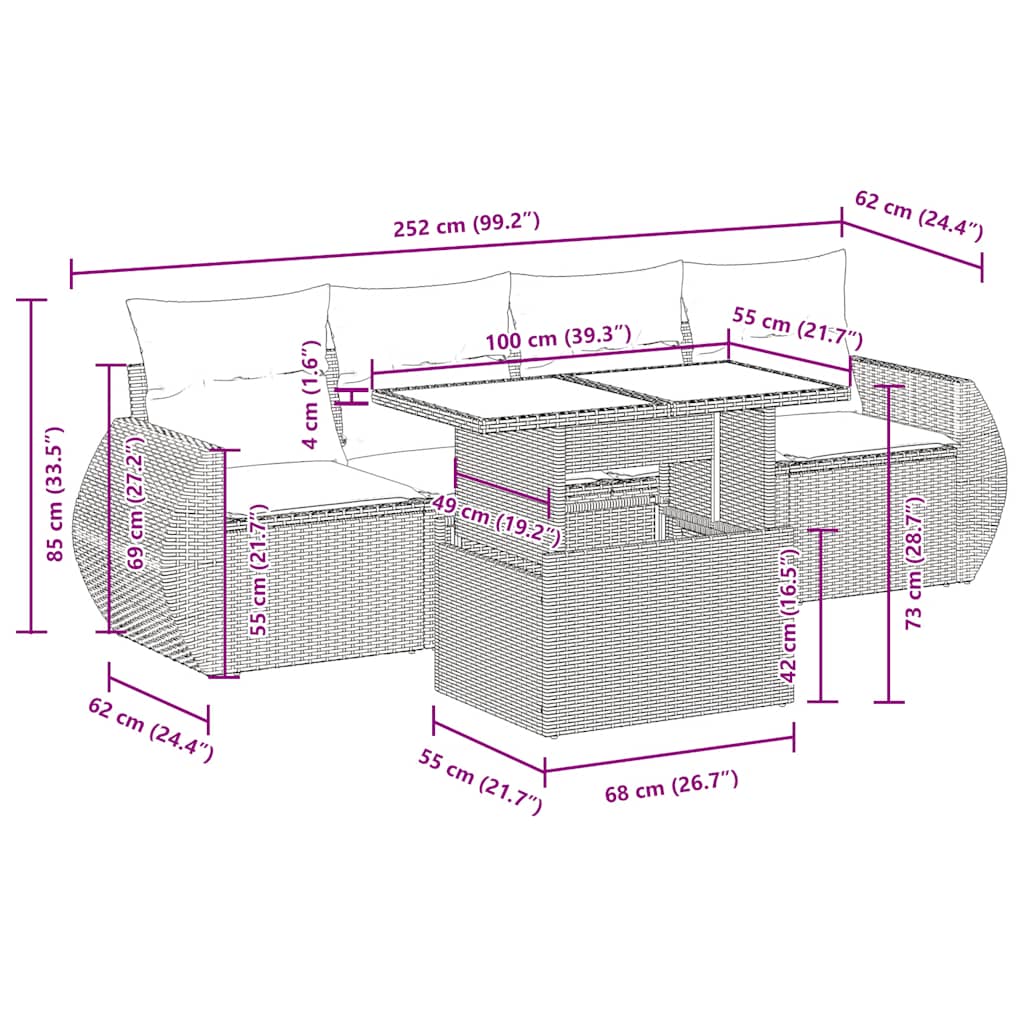 vidaXL 5-delige tuinbankset met kussens van zwart polyrotan