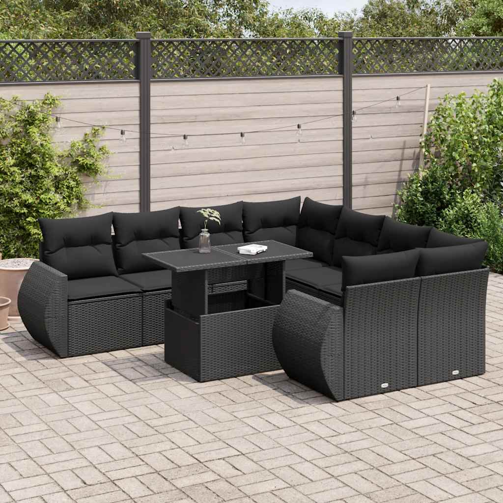vidaXL 9-piece Poly Rattan Lounge Set with Cushions Black